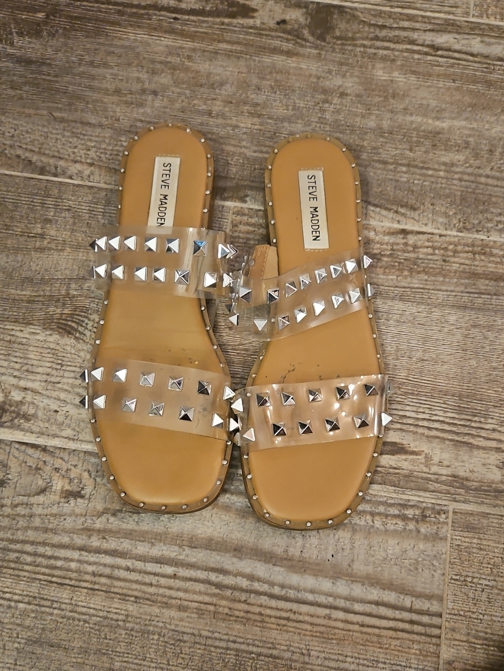 Steve Madden Clear Studded Double-Strap Slide Sandals - Tan